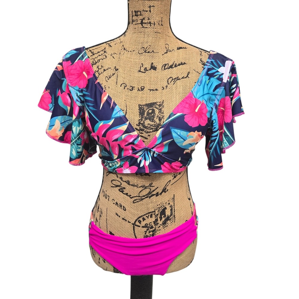 Sporlike Womens Tropical Floral Ruffle Sleeve Bikini Set Pink Navy Size L NWOT